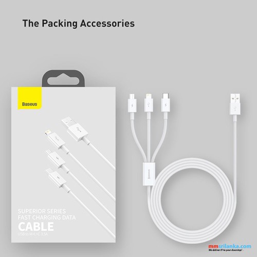 Baseus Superior Series 1m Fast Charging Data Cable USB to M+L+C 3.5A Stellar White (6M)